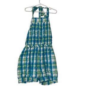Vtg Kelly’s Kids girls Plaid Halter Romper in Blue and Green Sz 6-7
